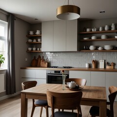 Modern kitchen with wood dining table and white cabinets, featuring a vase of flowers and shelves with kitchenware.