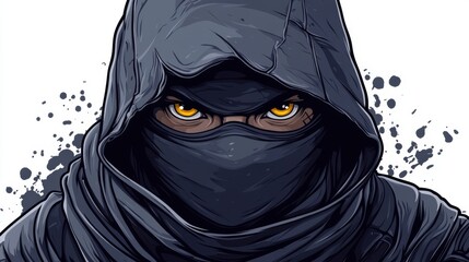 Mysterious ninja character with piercing yellow eyes, draped in a dark hood and face covering.