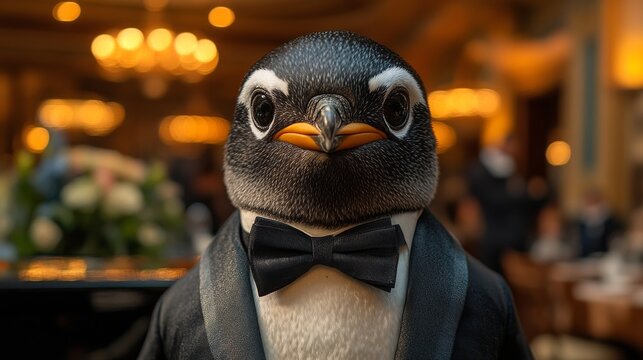 Close-up of a refined anthropomorphic penguin in a tuxedo at a formal event. Emphasizing sophistication and elegance. Ideal for formal and event-related themes.