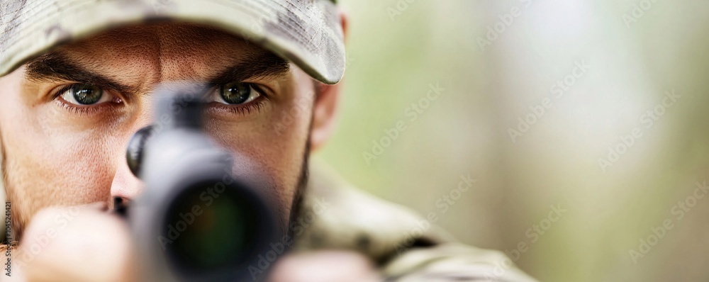 Poster precision shooting focused marksman aiming at target with determination and skill - capturing the es