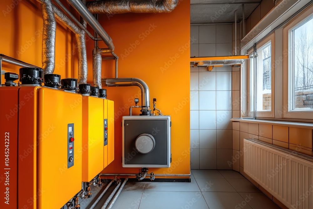 Poster Boiler room with row of yellow heaters generating heat for building