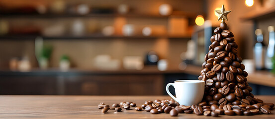 Christmas tree made of brown coffee beans and a white cup of coffee on a festive bakery coffee shop background. Christmas and New year's cozy, warm atmosphere, panoramic banner with copy space