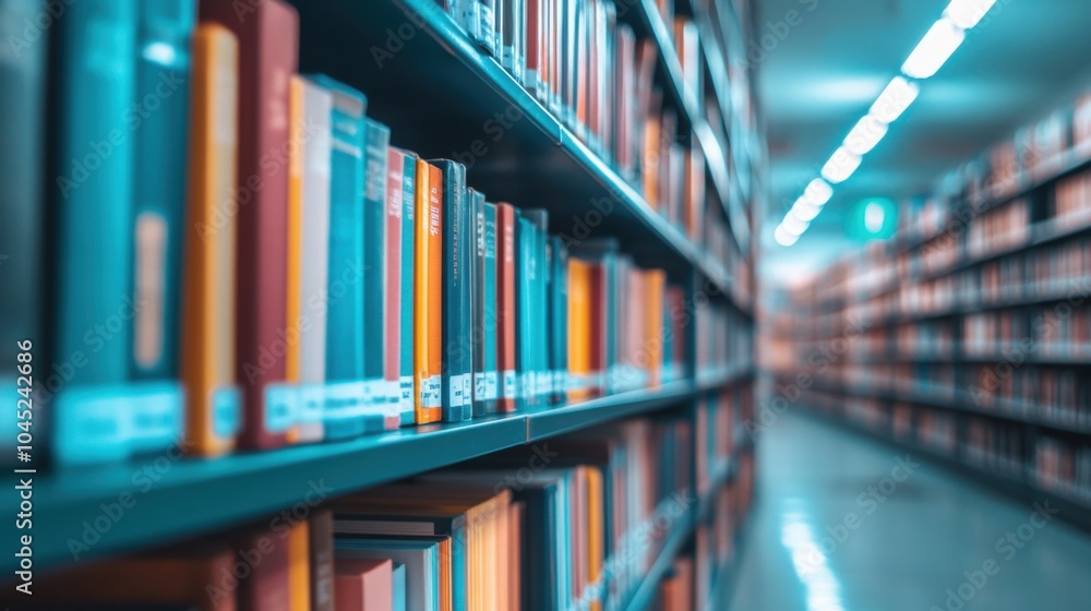 Poster close-up of textbooks on a school bookshelf, rows of colorful covers with a soft focus on the educat