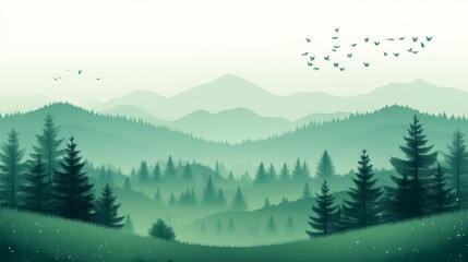 Fototapeta premium A serene landscape featuring lush green hills and a misty forest under a pastel sky with flying birds.