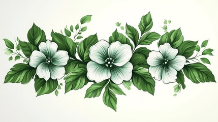 Elegant green floral arrangement featuring three white flowers and lush green leaves.