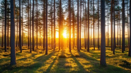 Obraz premium Serene Sunset in a Pine Forest with Golden Light