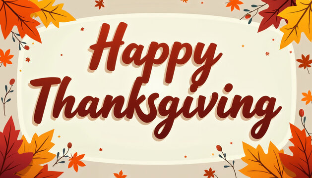 A festive Thanksgiving greeting card features the text "Happy Thanksgiving" in a bold red font, surrounded by a frame of colorful autumn leaves. The background is a soft cream color.