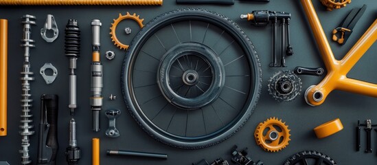 Flat lay of bicycle parts, including wheel, frame, gears, and other components.