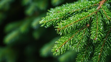 Fototapeta premium Fresh Pine Tree Covered in Raindrops After Rain