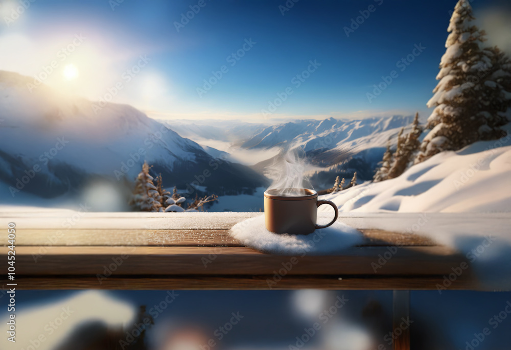 Poster A steaming cup of coffee sits on a wooden table in a snowy mountain landscape with a view of the valley below.