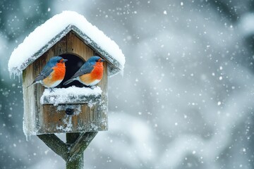 Naklejka premium Two birds waiting out snowstorm in birdhouse
