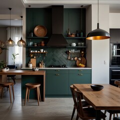 Modern kitchen with green cabinets, wooden countertops, and a large island.