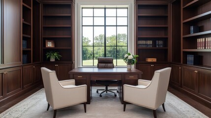 Fototapeta premium Elegant Private Library with Dark Wood Furnishings