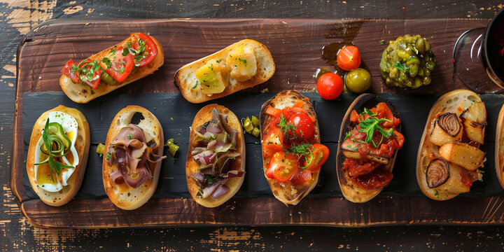 A platter of assorted bruschetta bread tapas with various toppings like fresh tomatoes, egg, basil, and red onion. Displayed with glass of red wine on rustic wooden board.