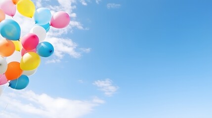 A bunch of colorful balloons floating in a clear blue sky with white clouds.