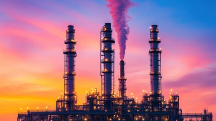 Obraz premium Illuminated Refinery at Dusk with Artistic Sky
