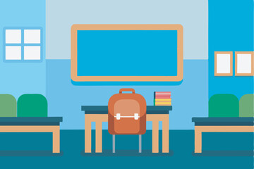 A serene classroom with desks, chairs, books, backpack, and teaching aids ready for students, symbolizing a return to school amid an epidemic.