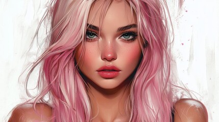 Fototapeta premium A young Caucasian woman with long, pink hair and striking green eyes exudes confidence and beauty.