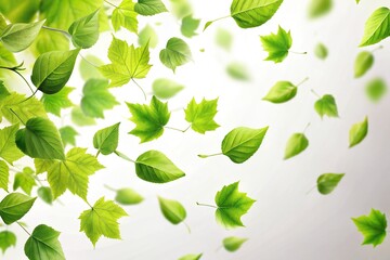Forced perspective photo of green leaves falling against white background