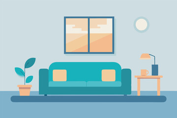 Fototapeta premium Cozy living room with dark green sofa, yellow accents, plant, clock, and picture frame. Blue carpet and light green walls create a comfy, homey vibe.