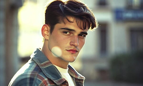 Attractive man in 90x style look at camera.