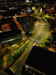 Aerial View of Illuminated Historical Central Coventry City Centre Downtown of England United Kingdom. Aerial footage Was Captured on After Midnight with Drone's Camera on October 23rd, 2024