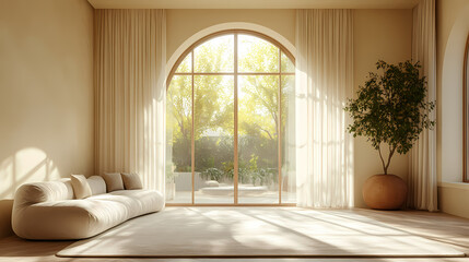 Design for a cream-colored apartment living room with smooth arc doors, comfortable furniture, and simple lighting.