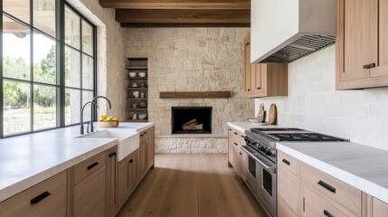 Rustic Kitchen with Stone Walls and Wooden Cabinets