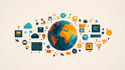 A flat illustration of a globe surrounded by computer icons like keyboards, screens, and cloud storage symbols, using minimalistic shapes and vibrant colors to represent global computer literacy.