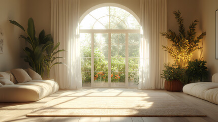 Design for a cream-colored apartment living room with smooth arc doors, comfortable furniture, and simple lighting.