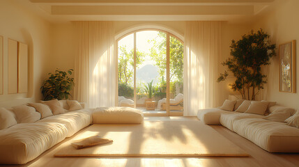 Design for a cream-colored apartment living room with smooth arc doors, comfortable furniture, and simple lighting.