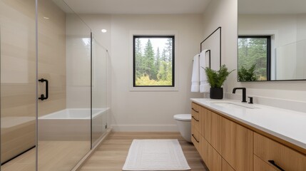 Fototapeta premium Modern Scandinavian Bathroom with Light Wood Accents