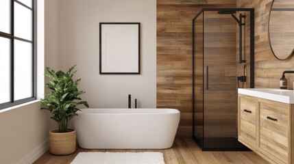 Fototapeta premium Modern Scandinavian Bathroom with Light Wood Accents