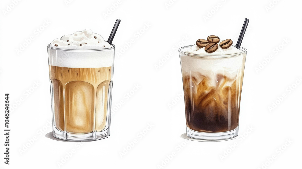 Wall mural two iced coffee drinks in clear glasses, one topped with whipped cream, the other showcasing coffee 