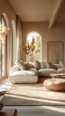 Design for a cream-colored apartment living room with smooth arc doors, comfortable furniture, and simple lighting.