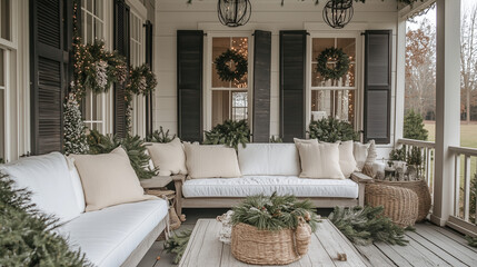 A beautiful farmhouse front porch decorated for Christmas with white couches
