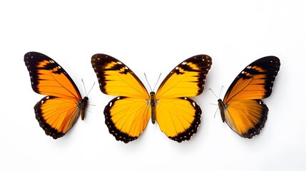 Three orange butterflies with black borders on a white background.