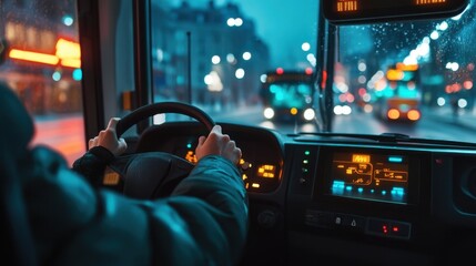 Driver's hands on a bus steering wheel, interior cabin in focus with modern control panel as the driver maneuvers the road.