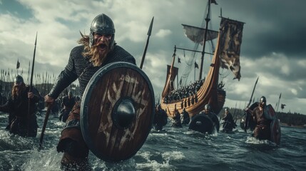 Viking warriors charge through water, armed with armor and shields for battle