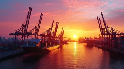 Obraz premium Sunrise at Shipping Port with Silhouetted Cranes