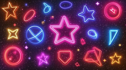 Colorful neon shapes in vibrant hues creating a lively cosmic atmosphere.