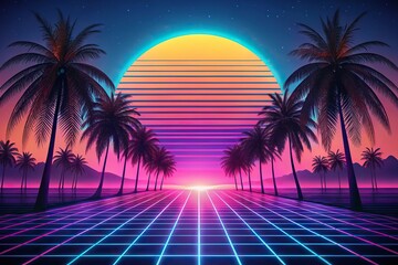 Fototapeta premium Forced perspective retro neon landscape with palms