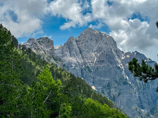 Majestic mountain ridge Maja Boshit towering over alpine forest in Albanian Alps (Accursed Mountains) in Northern Albania. Scenic hiking trail from Valbona to Theth. Wanderlust in alpine wilderness