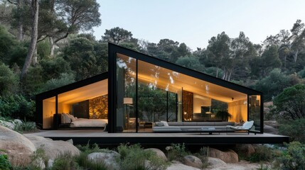 Obraz premium Exterior of modern modular house, showcasing innovative design with large glass panels and natural surroundings.