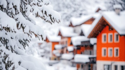 Naklejka premium Charming Ski Village with Shops and Cafes in Winter