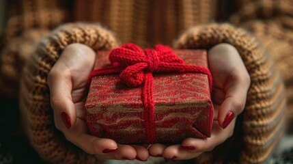 A cozy moment of joy as hands cradling a beautifully wrapped gift create warmth during the festive season. Generative AI