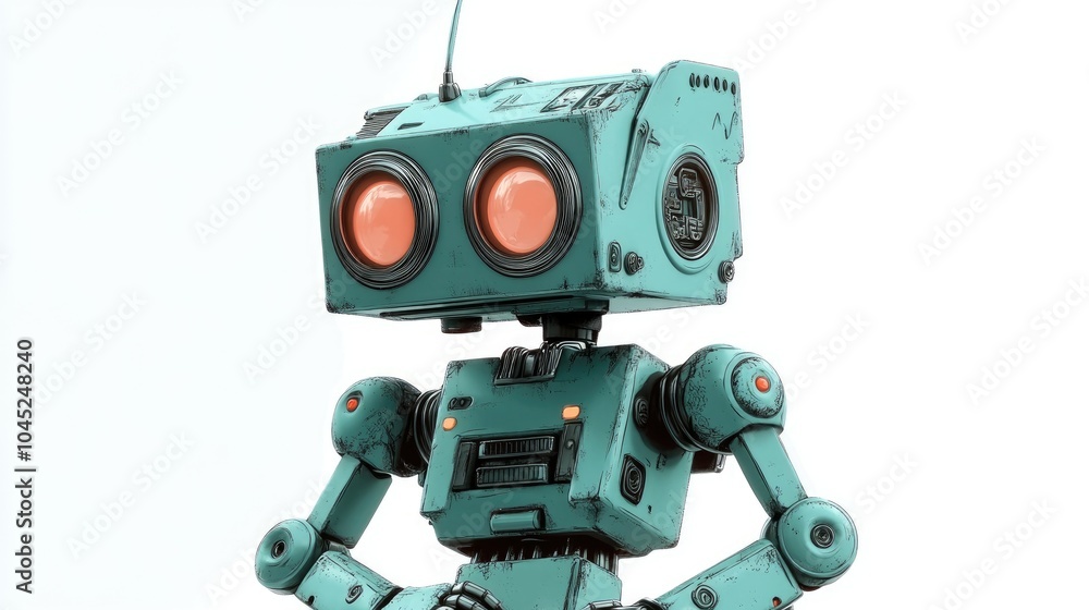Poster vintage style 2d cartoon robot on a white background adding a playful touch to your creative project