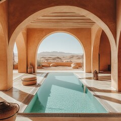 A pool with a stone archway leading to it. The archway is decorated with a statue