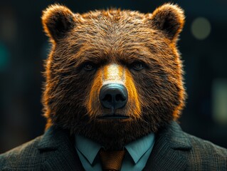 Close-up of an anthropomorphic bear in a formal suit, showcasing reliability and professionalism for corporate settings and financial services. Detailed view of suit and bear.