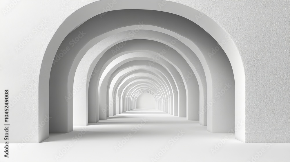 Poster a serene white corridor featuring multiple arches, creating an endless perspective that invites expl